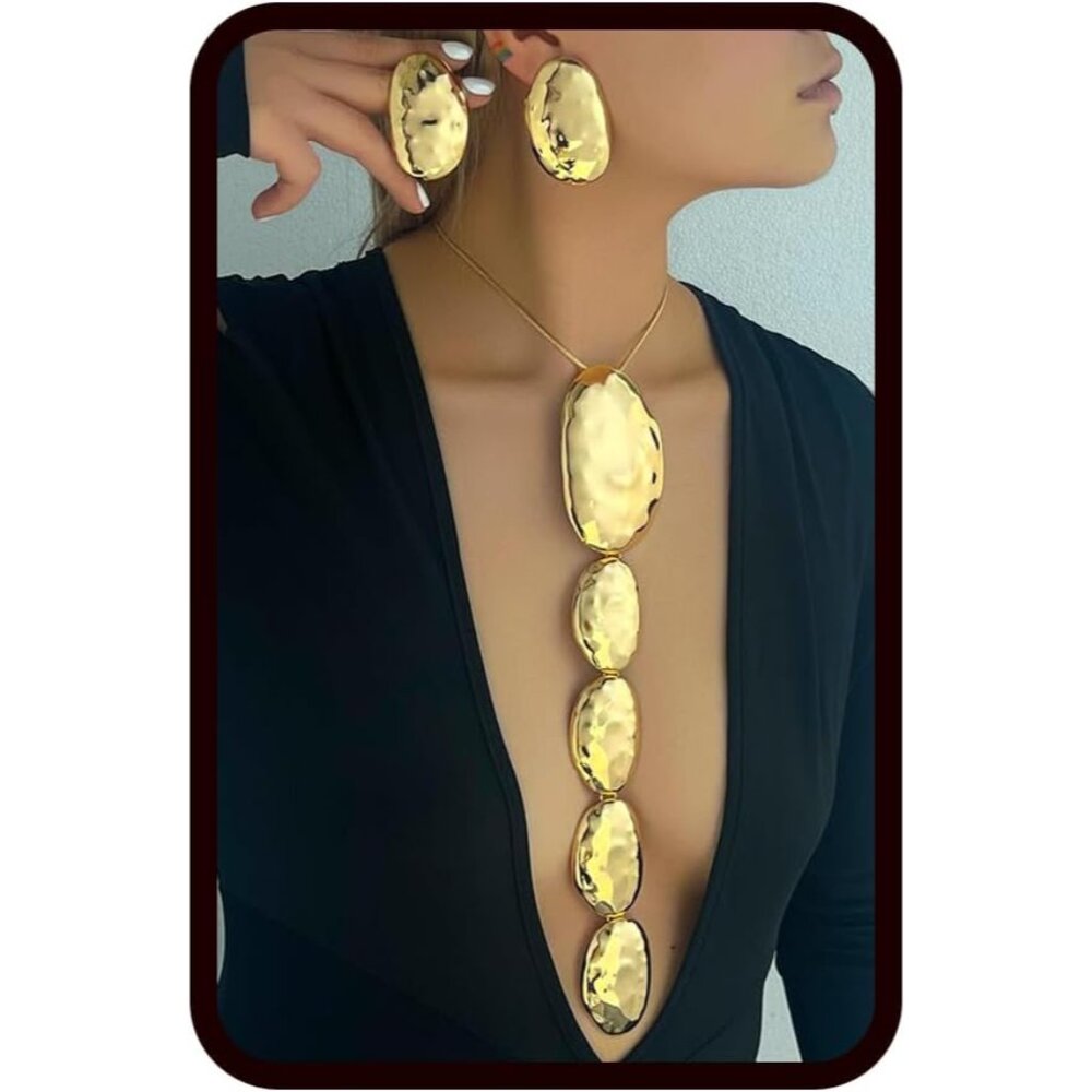 Chunky Statement Jewelry Set – Oversized Geometric Hammered Gold Earrings and Pe